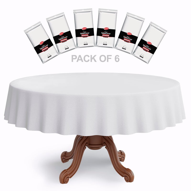 Neatiffy 84 Inch 6 Pack Round Plastic Table Cloth | Tablecloths for Picnic, Party, Banquet, Birthdays | Waterproof Disposable/Reusable Table Cover - White Round - Image 1
